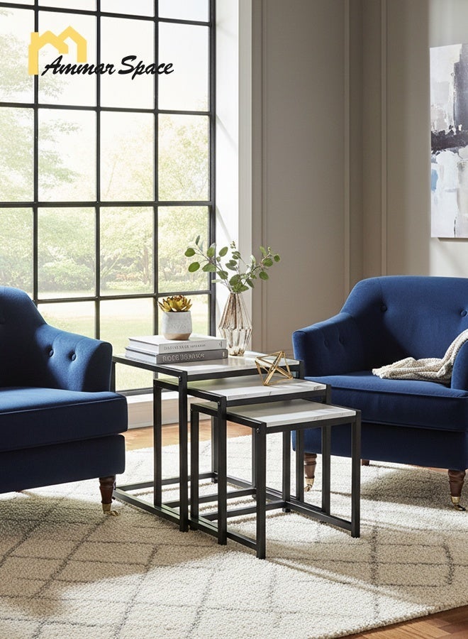 مساحة عمار طقم طاولات جانبية متداخلة من 3 قطع بسطح رخامي المظهر وإطار معدني أسود، طاولة قهوة متعددة الاستخدامات لغرفة المعيشة أو الأريكة أو غرفة النوم، تصميم موفر للمساحة - Image 1